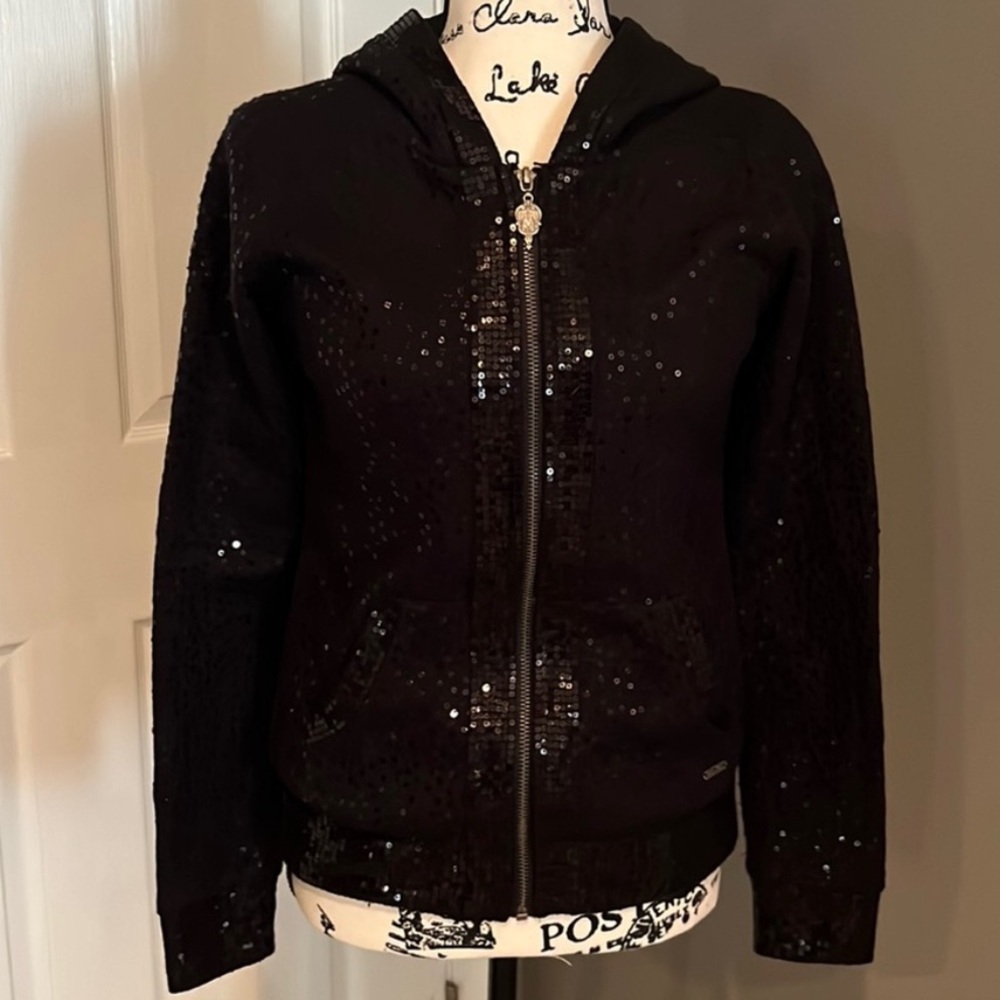 Miss Me black sequin shimmer hoodie full front zip hooded jacket coat sweatshirt